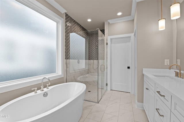 bathroom featuring recessed lighting, vanity, marble finish floor, a soaking tub, and a shower stall