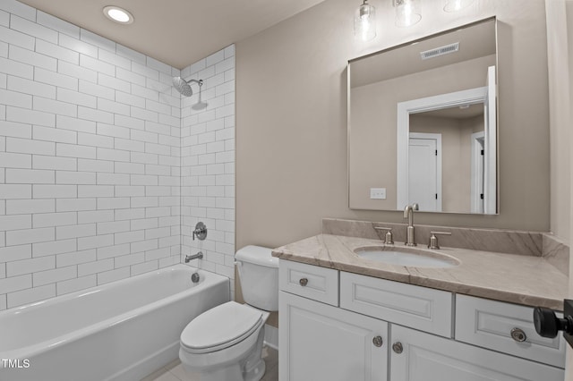 bathroom with toilet, shower / bathtub combination, visible vents, and vanity