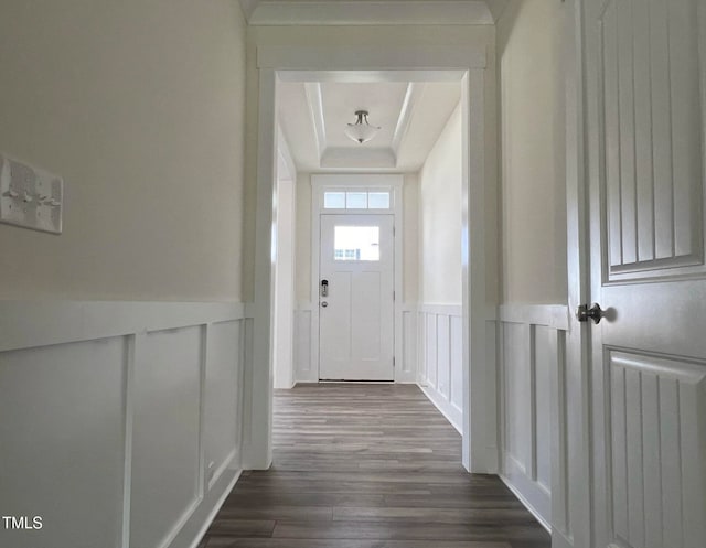 doorway with radiator heating unit, dark hardwood / wood-style flooring, and a tray ceiling