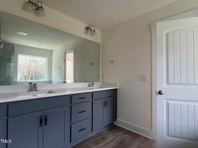 bathroom featuring vanity and hardwood / wood-style flooring