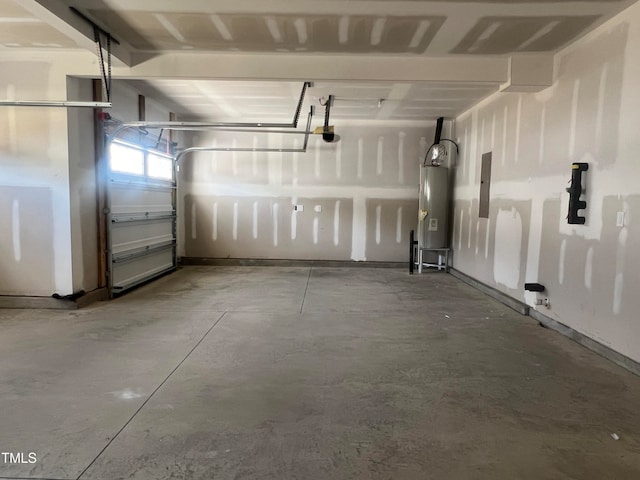 garage with electric panel, water heater, and a garage door opener