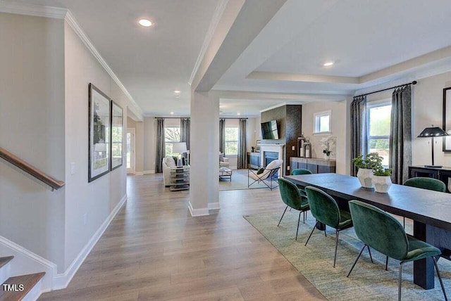 dining room featuring ornamental molding, light wood-type flooring, and a wealth of natural light