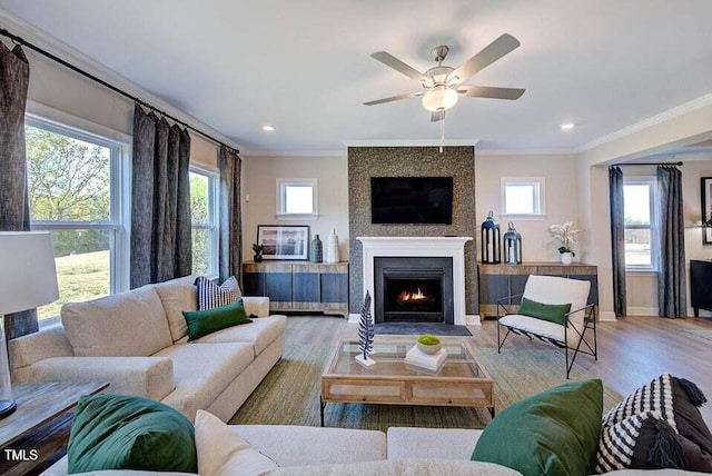 living room featuring hardwood / wood-style floors, plenty of natural light, and ornamental molding