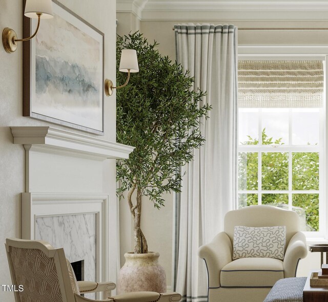 2606 Marchmont St # 102, Raleigh, NC 27608 - sitting room featuring a fireplace and crown molding