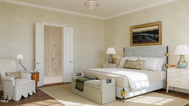 bedroom with hardwood / wood-style floors and ornamental molding