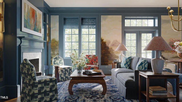 2606 Marchmont St # 102, Raleigh, NC 27608 - living area featuring a fireplace and crown molding