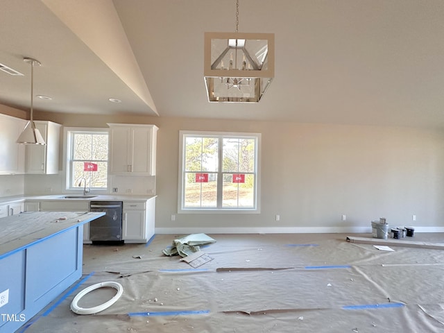 kitchen with white cabinets, sink, pendant lighting, dishwasher, and plenty of natural light