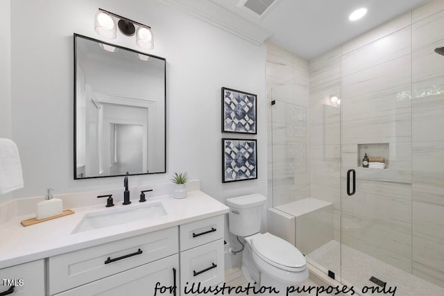 bathroom with vanity, crown molding, toilet, and walk in shower