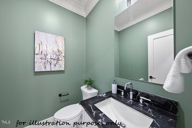 bathroom with ornamental molding, toilet, and vanity