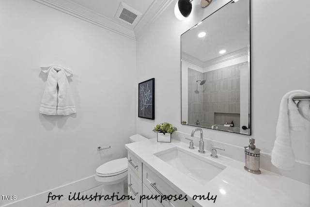 bathroom featuring ornamental molding, toilet, vanity, and walk in shower