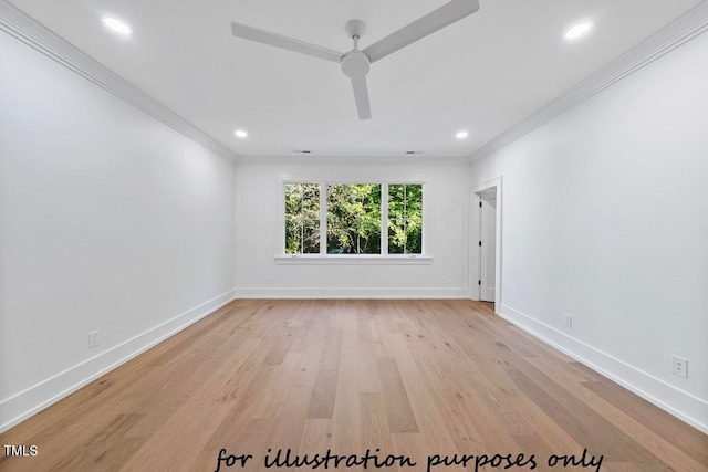 spare room featuring crown molding, ceiling fan, and light hardwood / wood-style floors