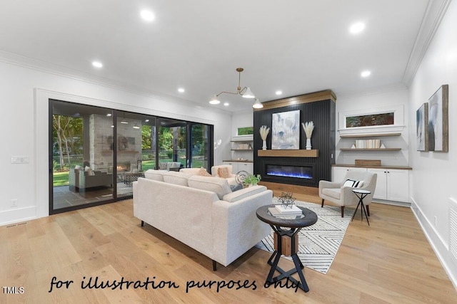 living room with a notable chandelier, ornamental molding, and light wood-type flooring