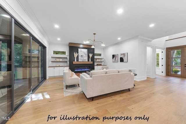 living room featuring a notable chandelier, crown molding, french doors, and light wood-type flooring