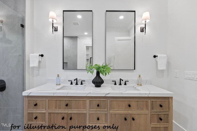 bathroom with walk in shower and vanity