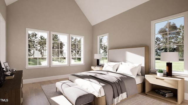 bedroom featuring high vaulted ceiling and light hardwood / wood-style flooring