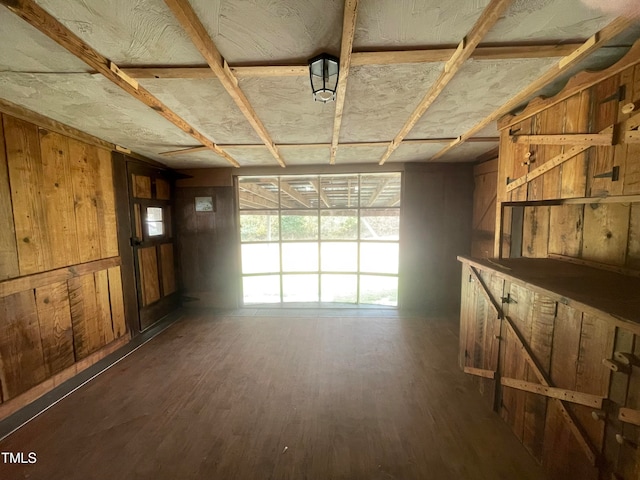 misc room featuring wood walls and dark hardwood / wood-style floors