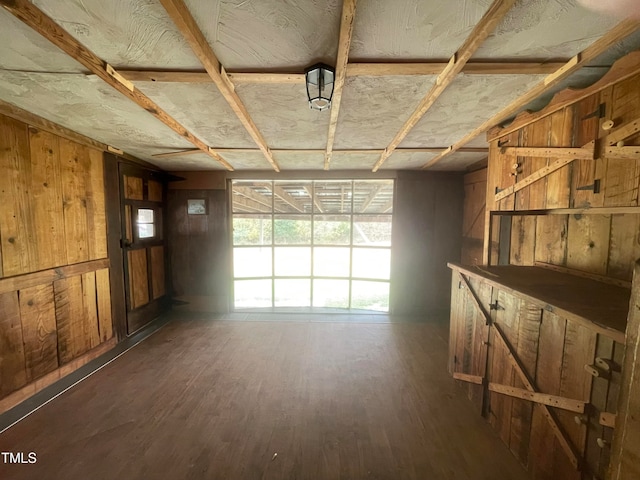 misc room featuring wood walls and dark wood-type flooring