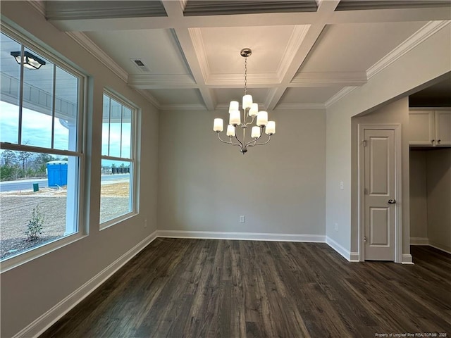 unfurnished dining area featuring dark wood-type flooring, coffered ceiling, crown molding, a notable chandelier, and beamed ceiling