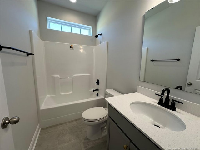 full bath featuring tub / shower combination, vanity, and toilet