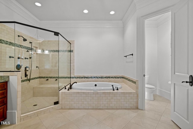 full bathroom featuring independent shower and bath, tile patterned floors, toilet, and crown molding