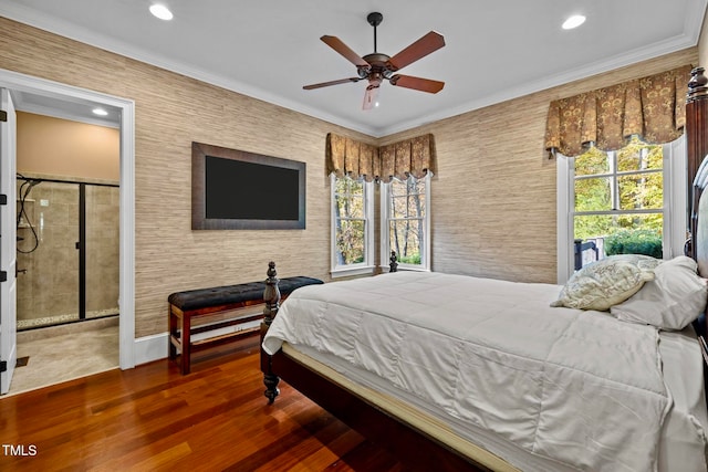 bedroom featuring dark wood-type flooring, ceiling fan, and crown molding