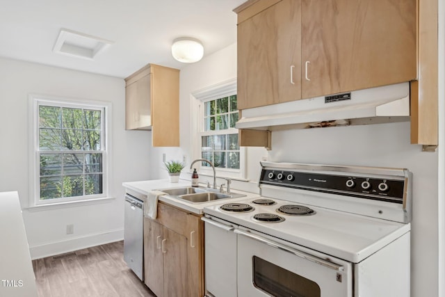 1316 Glenwood Ave, Raleigh, NC 27605 - kitchen featuring light brown cabinets, under cabinet range hood, a sink, white electric stove, and dishwasher