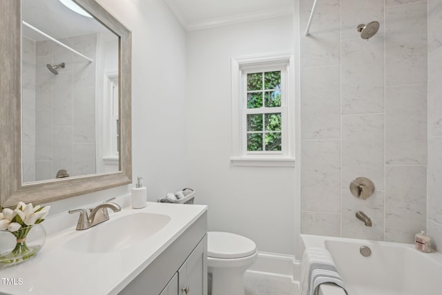 1316 Glenwood Ave, Raleigh, NC 27605 - full bath featuring bathtub / shower combination, vanity, toilet, baseboards, and ornamental molding