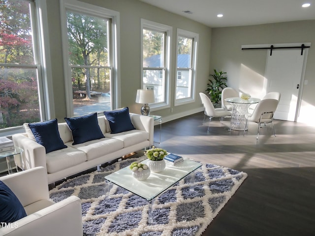 living room with a barn door and hardwood / wood-style flooring