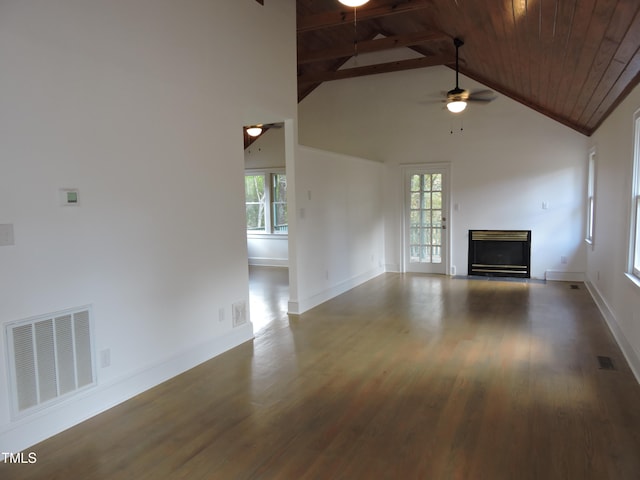 unfurnished living room featuring high vaulted ceiling, ceiling fan, wood ceiling, and dark hardwood / wood-style floors