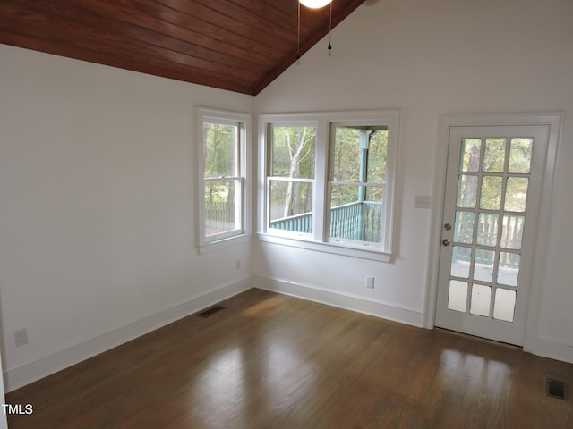 interior space featuring wooden ceiling and vaulted ceiling