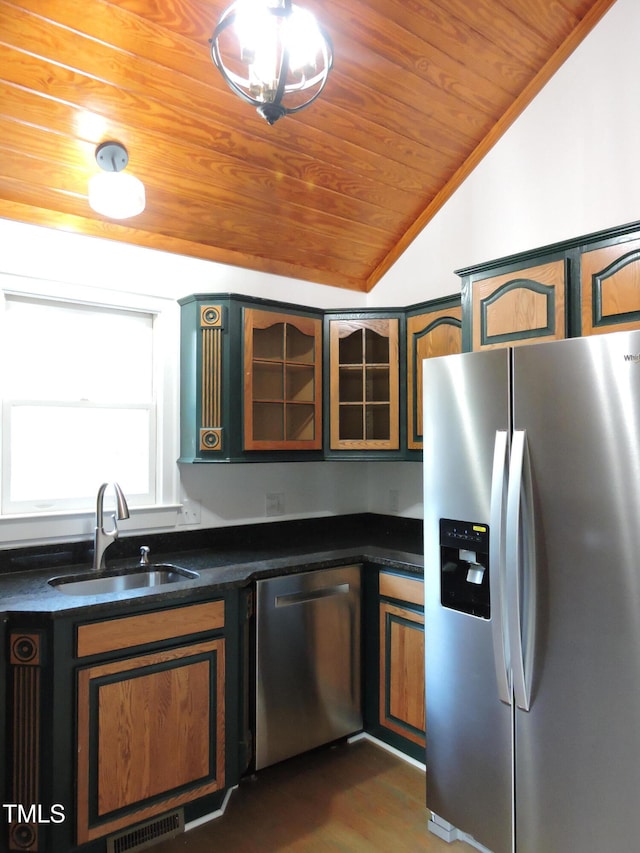 kitchen featuring stainless steel appliances, sink, dark hardwood / wood-style floors, wood ceiling, and vaulted ceiling