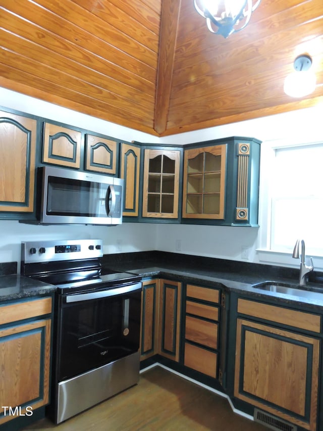 kitchen with stainless steel appliances, vaulted ceiling, wood ceiling, sink, and dark hardwood / wood-style floors