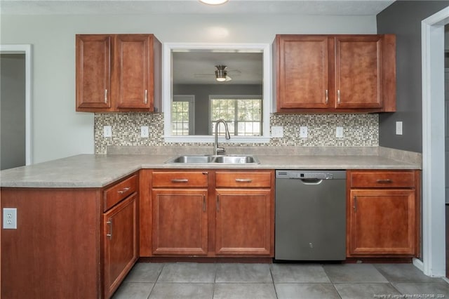 kitchen featuring light tile patterned flooring, backsplash, sink, dishwasher, and kitchen peninsula