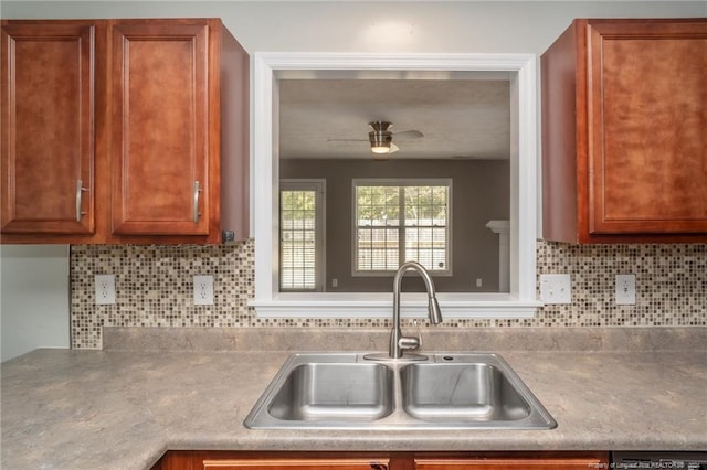 kitchen with ceiling fan, sink, backsplash, and dishwasher