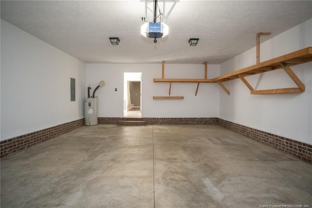 garage with electric panel, water heater, and a garage door opener