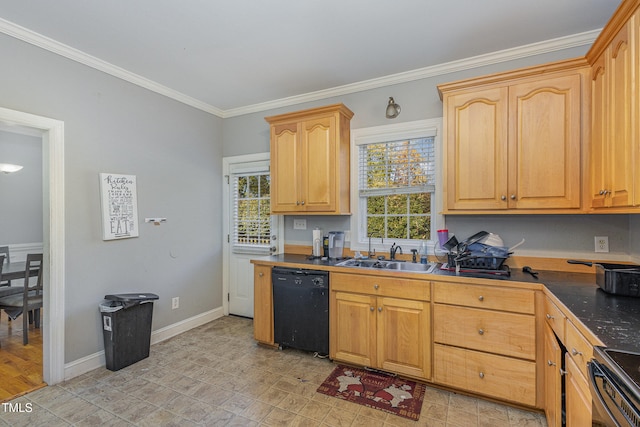 kitchen featuring sink, crown molding, range, black dishwasher, and light brown cabinetry