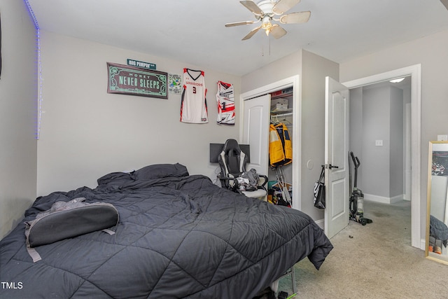 bedroom with light carpet, a closet, and ceiling fan