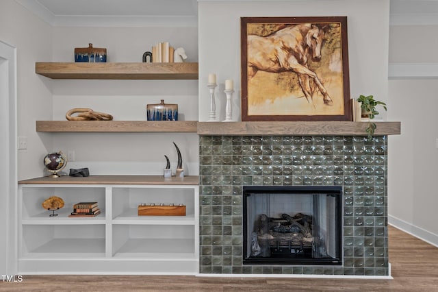 details featuring a fireplace, built in shelves, crown molding, and wood-type flooring