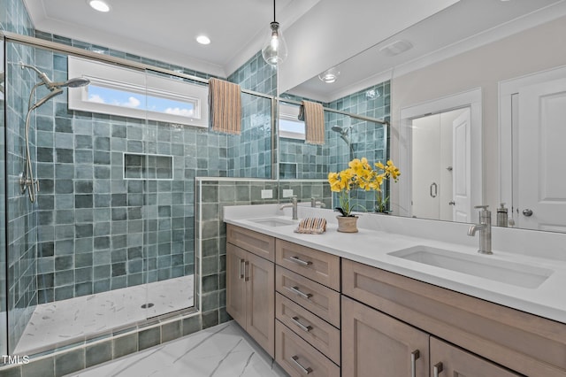 bathroom featuring tile walls, a shower with door, and vanity