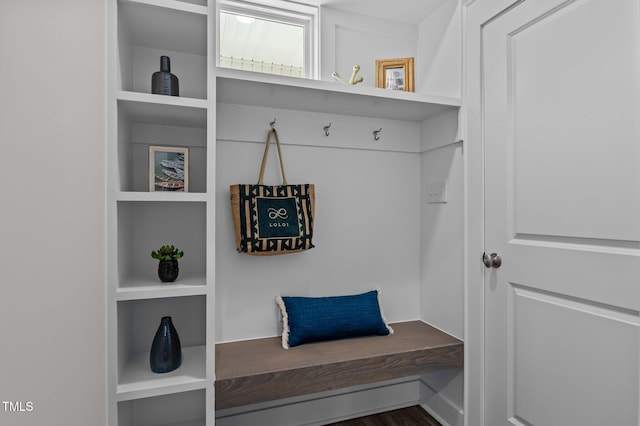 mudroom with built in shelves