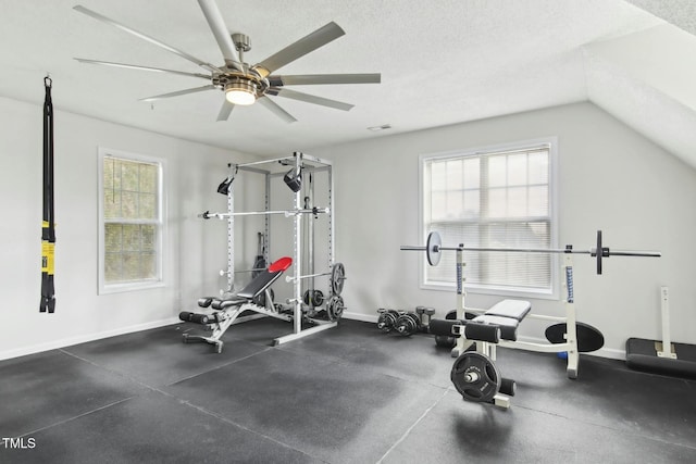 exercise room with a wealth of natural light, a textured ceiling, and lofted ceiling