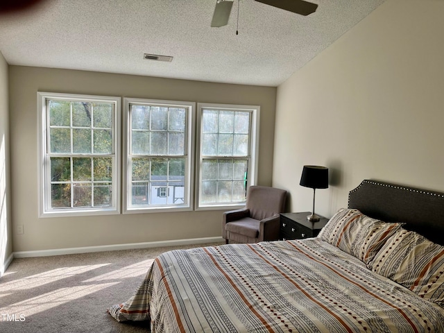 carpeted bedroom with ceiling fan, multiple windows, and a textured ceiling