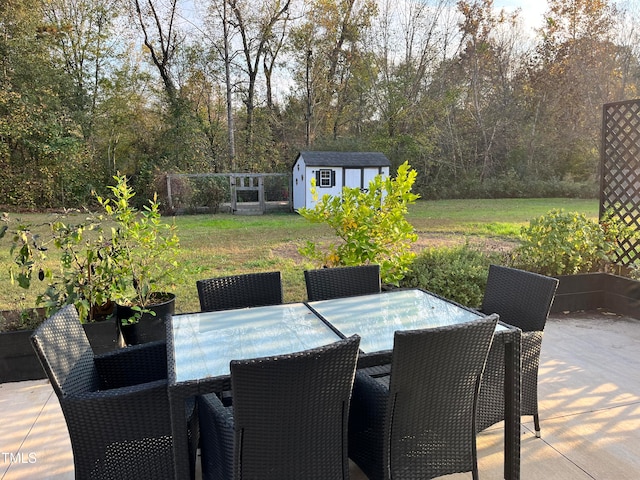 view of patio / terrace featuring a shed