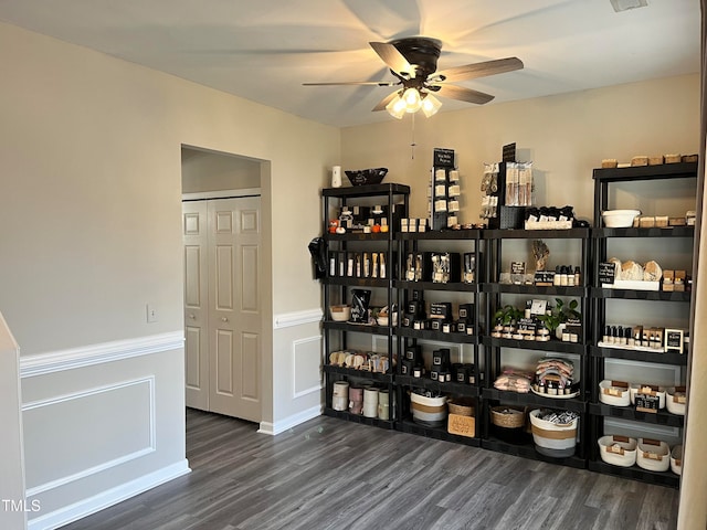 wine area featuring dark hardwood / wood-style flooring and ceiling fan