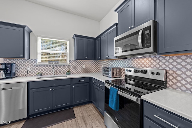 kitchen featuring tasteful backsplash, stainless steel appliances, light hardwood / wood-style floors, and sink