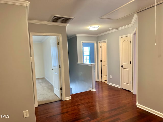 hallway featuring dark wood-type flooring and ornamental molding