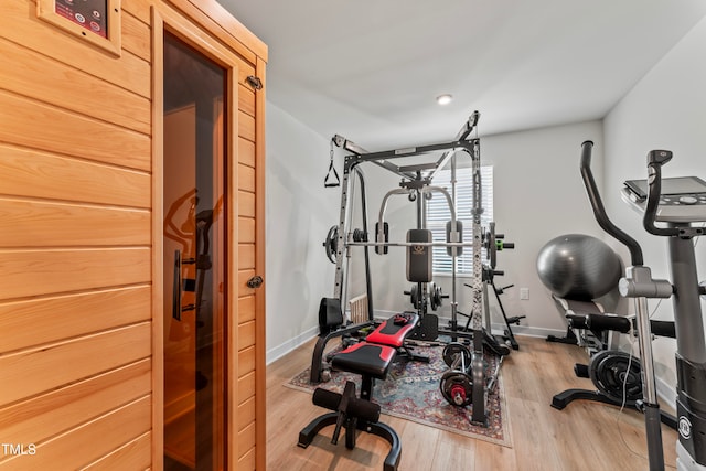 exercise room featuring light hardwood / wood-style floors