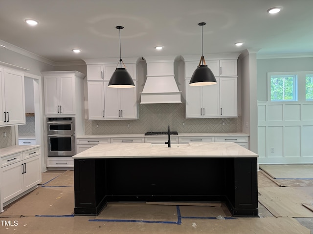 122 Sanderway Dr, Chapel Hill, NC 27516 - kitchen with premium range hood, tasteful backsplash, crown molding, white cabinetry, and appliances with stainless steel finishes