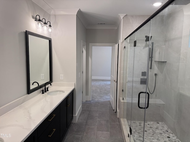 122 Sanderway Dr, Chapel Hill, NC 27516 - bathroom with vanity, a shower stall, and ornamental molding