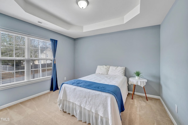 bedroom featuring light colored carpet and a raised ceiling